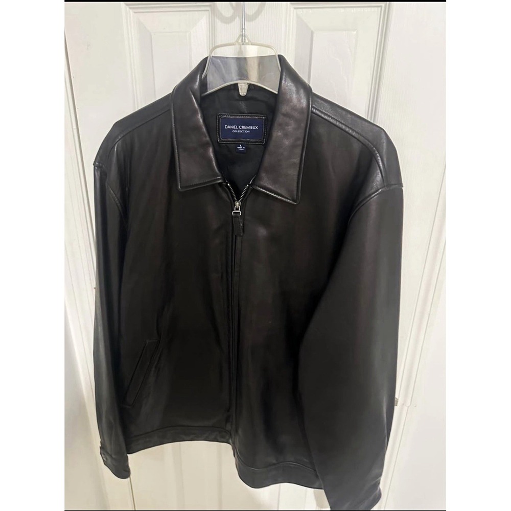Daniel Cremieux Men's Black Lamb Leather Zip-Front Bomber Jacket Collared Large